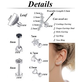 Tornito 18Pcs Cartilage CZ Stud Earrings Conch Forward Helix Tragus Daith Piercing Lip Rings Snake Heart Jewelry for Women Men 16G Silver Tone