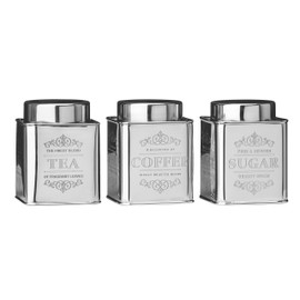 Premier Housewares Coffee Tea Sugar Set Stainless Steel Sugar Tea And Coffee Containers Grey Tea Coffee And Sugar Canisters Set Set of Three 12x10x10, Silver