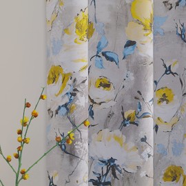 MYSKY HOME Floral Curtains 63 inch Length 2 Panels for Living Room Vintage Flower Printed Drapes Thermal Insulated Curtains Panels with Grommet, Grey and Yellow