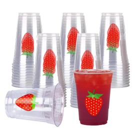 MVRPOWER 50Pcs Strawberry Plastic Cups, 12oz Strawberry Disposable Cups, Clear Drinking Cups for Wedding Birthday Baby Shower Party Supplies