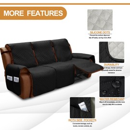 XINEAGE Water Resistant Recliner Cover, 3 Seat Sofa Covers with Pockets, Quilted Thick Protector Cover for Dog Pets with Non Slip Backing and Strap (Black)