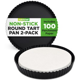 NutriChef 2-Piece Nonstick Round Tart Baking Pans - Heavy Duty Carbon Steel, Tart Baking Trays with Removable Base, Even Heat Distribution - Includes 100pcs Parchment Paper, 9.4” Inch (Black)