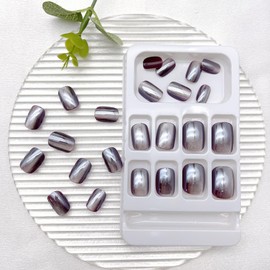 Short Press on Nails Cat Eye Fake Nails Purple Acrylic Nails Press ons Glossy Glue on Nails Full Cover False Nails Daily Artificial Nails Reusable Stick on Nails for Women 24 Pcs