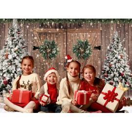 INRUI Christmas Wooden Door Pine Trees Photography Background Glitter Winter Chrisrmas Gift Boxes Family Holiday Party Decoration Backdrop (7x5FT)
