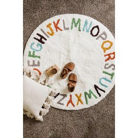 FRELISH DECOR Cotton Round Kids Play Mat - 4 Feet Dia | Machine Washable Non Slip Bath Rug/Floor Mat for Nursery/Kids Bathroom | 100% Pure Cotton Tufted Alphabet Mat for Kids (4' Round- White)