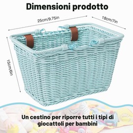 Cesto in vimini per bicicletta, cestino per bicicletta intrecciato a mano in vimini, 15x25x18 cm, cestino anteriore con cinturini in pelle vegana regolabili, cestino per bicicletta durevole per city