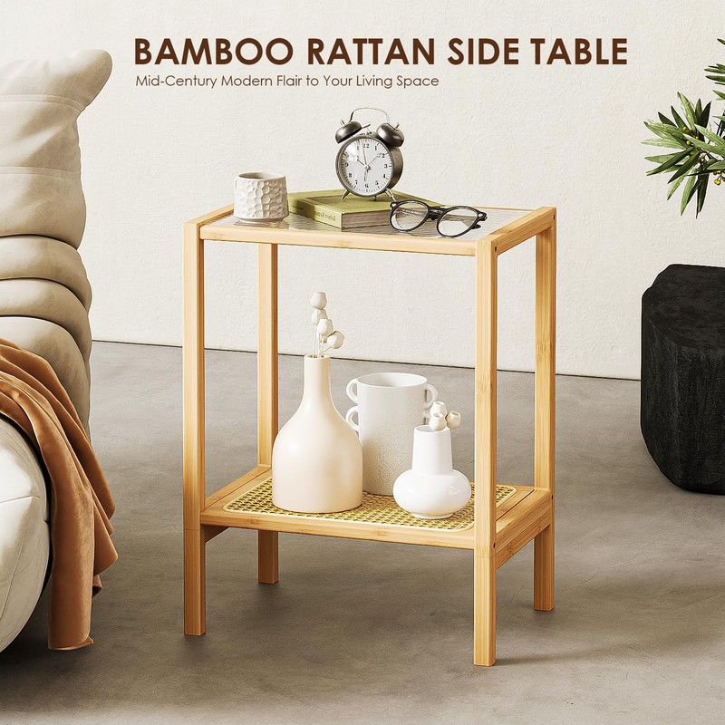 Bamworld Side Table Nature Rattan Night Stand Glass End Table