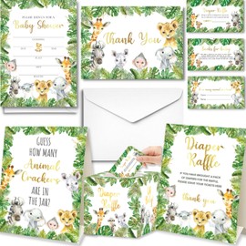 127 Pc Jungle Safari Baby Shower Invitations For Boy And Girl With Envelopes, Thank You Cards, Baby Book Request Cards, Diaper Raffle Tickets & Sign, Guess How Many Baby Shower Game -25 Guest Set