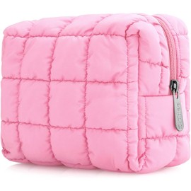 E-Tree Bonita Bolsa de Maquillaje, Bolsa de Cosméticos Acolchada, Neceser Portátil, Bolsa de Aseo Con Cierre, Bolsa A Cuadros, Funda de Viaje, Bolsas de Almacenamiento (Rosa)
