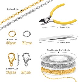 2 Rolls 5 m Link Chain Sold by the Metre Kit with 40 Lobster Clasps and 100 Jump Rings, Chain Sold by the Metre, Chain Crafts for DIY Bracelet Chain Jewellery Making with Cutters, Tweezers (Gold,