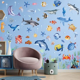149 Pieces Ocean Animals Wall Decals Jellyfish Wall Stickers Removable Fish Under The Sea View Animals Peel and Sticks Wall Art Decor for Kids Baby Bedroom Living Room Nursery Classroom Decoration