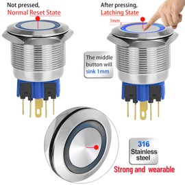 25MM Big Latching Push Button Switch 1“ DPDT SPDT Waterproof IP67 Stainless Steel 304 with 24V DC/AC LED Light with Wire Socket UL Certification Blue
