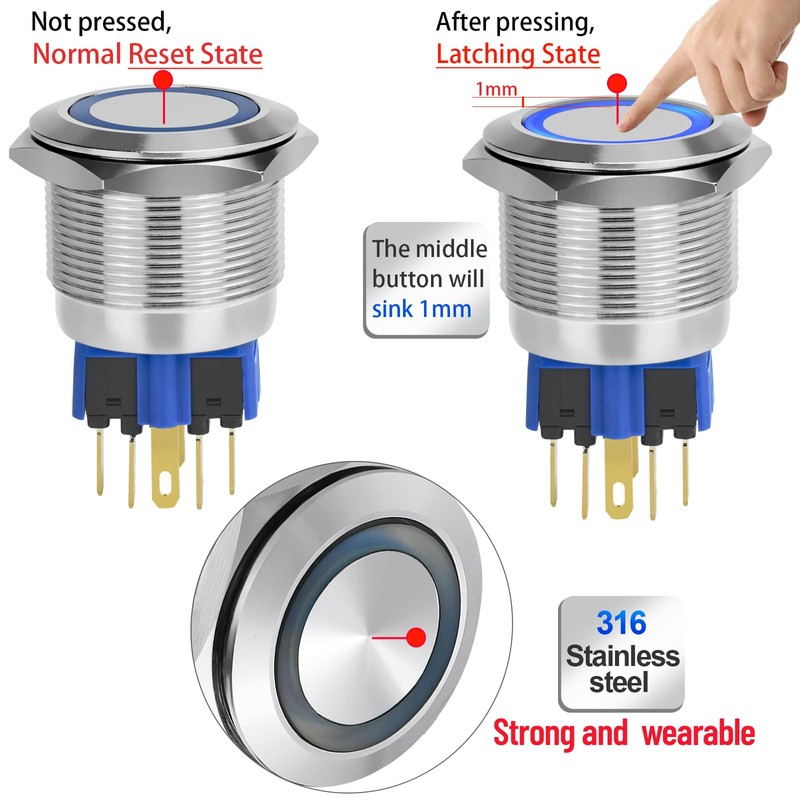 UL Listed 25MM Big Latching Push Button Switch 1“ DPDT