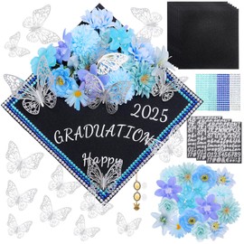 Blue Graduation Cap Decorations Kit DIY Grad Cap Topper with Artificial Flower 3D Butterfly Rhinestones Alphabet Letter Number Stickers for 2025 Graduation Party Decorations Supplies (Blue)