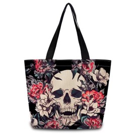 ZhuVantrix Floral Skull Tote Bag Reusable Grocery Bags Cute Aesthetic Shopping Shoulder Handbag with Interior Zipper Pocket Lightweight & Washable Stylish Floral Skull Present for Women