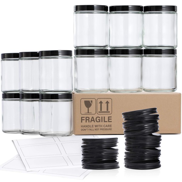 12 Pack, 8 OZ Thick Glass Jars with Lids, Clear