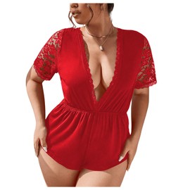 BEAUDRM Women's Plus Size One Piece Pajamas Deep V Neck Contrast Lace Short Sleeve Tie Back Rompers Pjs Red X-Large Plus