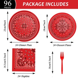 96 Pcs Red Bandana Western Party Plates Napkins Tableware Set Paisley Cowboy Cowgirl Farm Themed Supplies Disposable Dinnerware Western Decoration Favors for Kids Baby Shower Birthday, 24 Guests