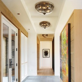 Flush Mount Ceiling Light, Farmhouse Light Fixtures Ceiling with Faux Wood Finish and Seeded Glass Cover, W13.5"x H6.5"