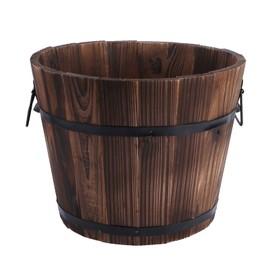 Yardwe Wooden Flower Bucket Rustic Flower Planters Wood Barrels Bucket Plant Pots Boxes Pails Container with Drainage Holes Handles for Patio Garden Backyard (11.8 x 9.1 Inch)