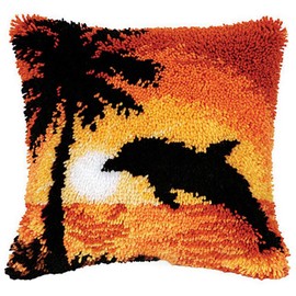 ZFFLYH Latch Hook Kit Pillow, Sunset Dolphin DIY Throw Pillow Cover Sofa Cushion Cover Rug Shaggy Decorations for Kids Adults Beginners 17" X 17"