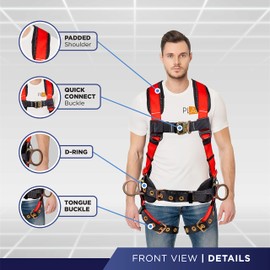 Palmer Safety Fall Protection Full Body 5 point Safety Harness, Padded Back Support, Quick-Connect Buckle, Grommet Legs, Back&Side D-Rings, OSHA ANSI Compliant, Large, Red, H222101121SM