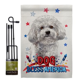Breeze Decor Patriotic Bichon Frise Garden Flag Set with Stand Dog Puppy Spoiled Paw Canine Fur Pet Nature Farm Animal Creature House Banner Small Yard Gift Double-Sided, Made in USA