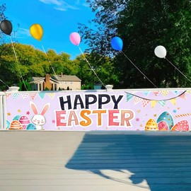 BlissYard Happy Easter Banner 78x17 Inch Large Happy Easter Banner Bunny Spring Banner Egg Hunt Decorations Butterfly Flower for Outdoor Easter Theme Party Rustic Lawn Sign Backdrop Photo Props