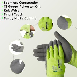 ANDANDA 12 Pairs Safety Work Gloves, Fluorescent Color Knitted Gloves with Nitrile Rubber Coating, Cut Resistant and Wear-resistant, for Men and Women, Ideal for General Duty Work-9L