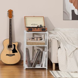 LELELINKY White Side Table,Small Printer Stand with Storage Shelf,3 Tier Industrial Bedside Tables,Vinyl Record Player Stand,Modern Sofa Night Stands for Living Room Bedroom Office Small Spaces
