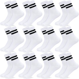 ouhos 12 Pairs Kids Boys White Black School Cotton Athletic Socks Breathable Soft Sports Walking Socks Gift for Gilrs 6-12 Years