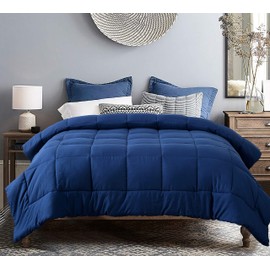 EVOLIVE All Season Comforter – Ultra Soft Pre-Washed Microfiber Down Alternative Duvet Insert, Medium Weight, Fluffy, Box Stitching (Navy, Full/Queen)