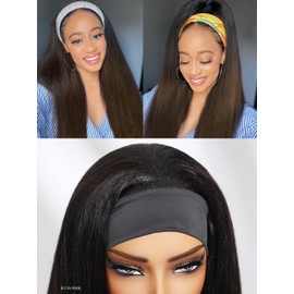 Julia Hair 12A Headband Wig Human Hair Yaki Straight Glueless None Lace Half Wig With Pre-attached Scarf Ombre Chestnut Brown Highlight With Dark Roots for Black Women Put on and Go 16 Inch
