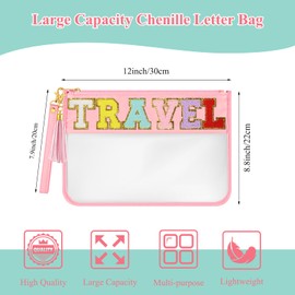 BOUBONI Chenille Letter Bag Clear Stuff Bag Flat Pouch Nylon and PVC Clear Cosmetic Bags Travel Makeup Bag Clear Zipper Pouches Toiletry Bag With Wristlet for Women Girls (Pink-Travel)