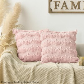 Artoid Mode Pink Artificial Fur Pumpkins Autumn Cushion Covers Set of 2 45 x 45 cm Plush Velvet Sofa Cushion Decorative Cushion Cover Bedroom Decoration