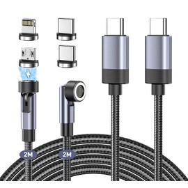 Magnetic Charging Cable, Type C Rapid Charging, 60W, PD Compatible, 7 Pins, Set of 2, 6.6 ft (2 m) + 6.6 ft (2 m) Rotation, 540 Degree Rotation, Magnet, Dustproof, Wire Prevention, One-Handed