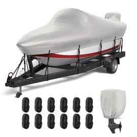 MOFCOVER 20-22ft Boat Cover, 600D Oxford Heavy-Duty Waterproof Boat Cover for V-Hull, Fishing, Bass Boat with 12 Tie-Down Straps, 2-in-1 Storage Bag, Motor Cover - Grey