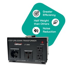 LiteFuze LT Series 2000 Watt Step Up/Down Voltage Converter Transformer - 110v to 220v / 220v to 110v Power Converter - Fully Grounded Cord - Universal Socket, CE Certified - 5 Year Warranty