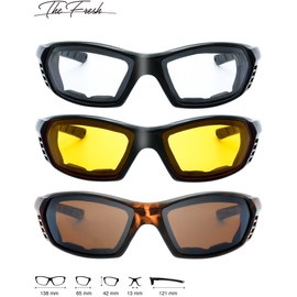 3 Pairs Motorcycle Riding Glasses Padded Frame Lens Block 100% UVB for Outdoor Activity Sport (3-Shiny Black/Tortoise, Clear, Yellow, & Brown)
