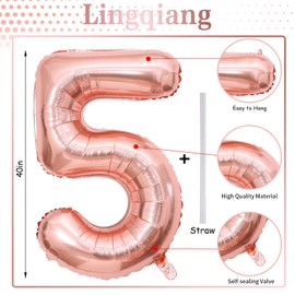 40 Inch Rose Gold Large Numbers Balloons 5, Self Inflating Digit 5 Helium Balloons for 5th Girls, Foil Mylar Big Number Balloons Set 0-9 for Women Birthday Party Anniversary Supplies Decorations