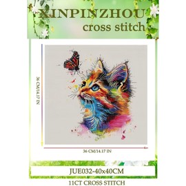 Xinpinzhou Colorful Cat 11ct Cross Stitch Kits, 11 CT Funny Pre Printed Counted Stamped Cross Stitch Embroidery Needlepoint Needlework Patterns Kits for Beginners Adults Animal Crossstitch 36x36 cm