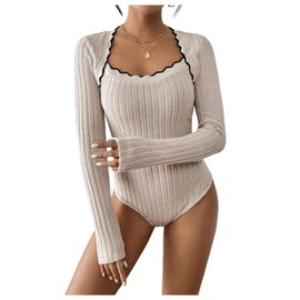 Floerns Women's Sweetheart Neck Long Sleeve Bodysuit Lettuce Trim High Waist Ribbed Knit Tops Apricot S