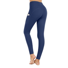 PHISOCKAT High Waist Yoga Pants with Pockets, Tummy Control Yoga Pants for Women, Workout 4 Way Stretch Yoga Leggings (Navy, Large)