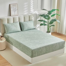 Tokokimo Double Fitted Sheet 35cm Deep Fit - Soft Microfibre Little Floral Flowers Print Sage Green Fitted Bed Sheets Double with 2 Envelope Pillowcases, 135x190 cm (Fits Mattress Up to 35cm Deep)