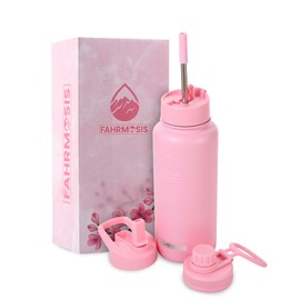 FAHRMOSIS 32 OZ Water Bottle with Straw | Insulated Water Bottle Water Jug Includes 3 Lids Water Bottles | Stainless Steel Water Bottle for Men & Women - Pink