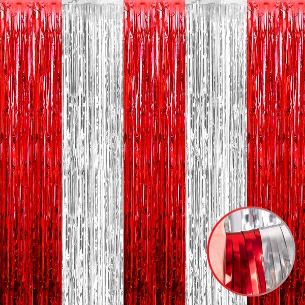 4 Pack Silver Red Foil Fringe Curtain Backdrop, 3.28Ft x