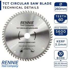 Rennie Tools - 260mm x 30mm x 60T TCT Circular Wood Saw Blade Includes 25mm 20mm & 16mm Bore Reduction Rings. Compatible with Festool Bosch Makita Dewalt Circular Saw Etc.