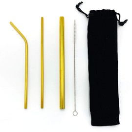 MyCow Reusable Stainless Steel Straw Dishwasher Safe | Eco-Friendly Long Drinking Straws with Cleaning Brush Set and Portable Black Fabric Case