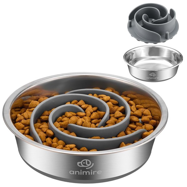 2-in-1 Metal Dog Bowl with Slow Feeder Insert, Stainless Steel