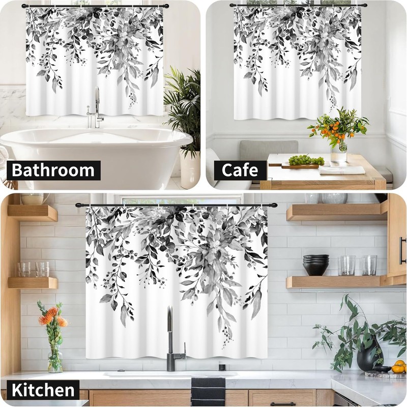 GCIREC Black and White Shower Window Curtain, Watercolor Eucalyptus Leaves